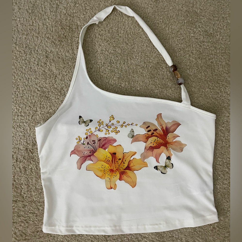 SHEIN White Floral Asymmetrical Crop Top